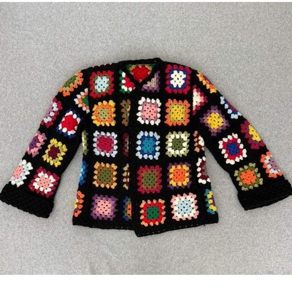 Handmade Crochet Granny Square Cardigan Black Rainbow Wide Sleeve Boho Open